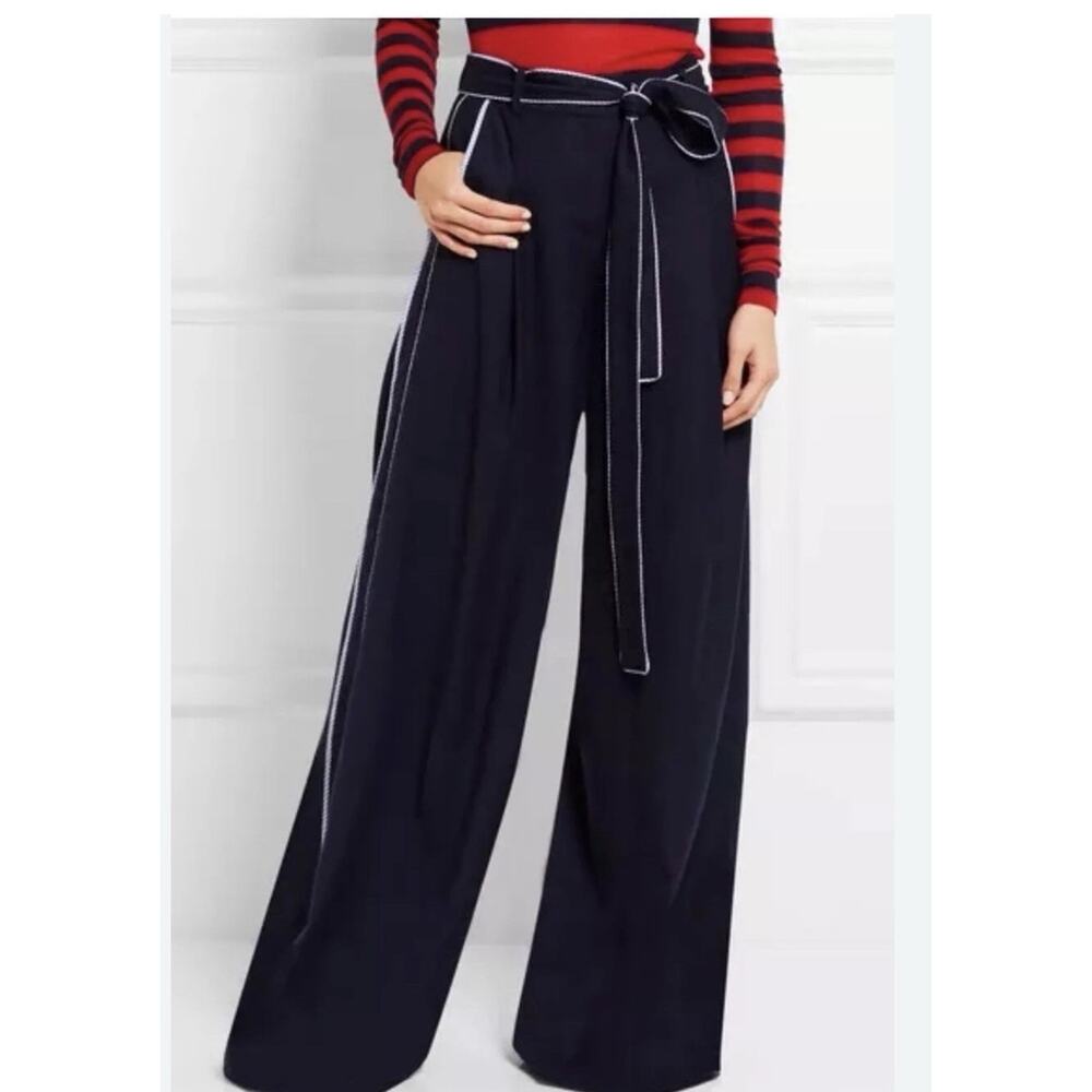 J Crew Pants Net-A-Porter Wide Leg Size 4 Navy Blue Wool Striped Piping Nautical